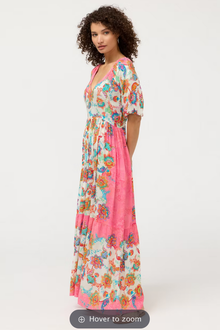 Johnny Was Roisin V-Neck Maxi Dress featuring flowing fabric and intricate patterns, perfect for elegant occasions.