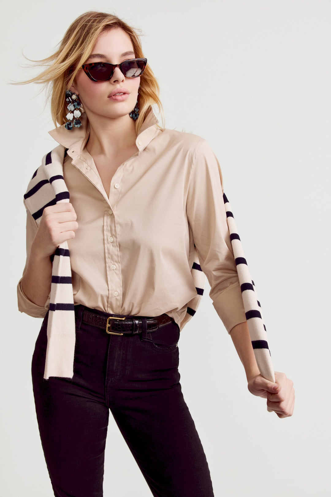 Taupe Icon Shirt by Rochelle Behrens, a stylish women's top with a tailored fit and classic design.