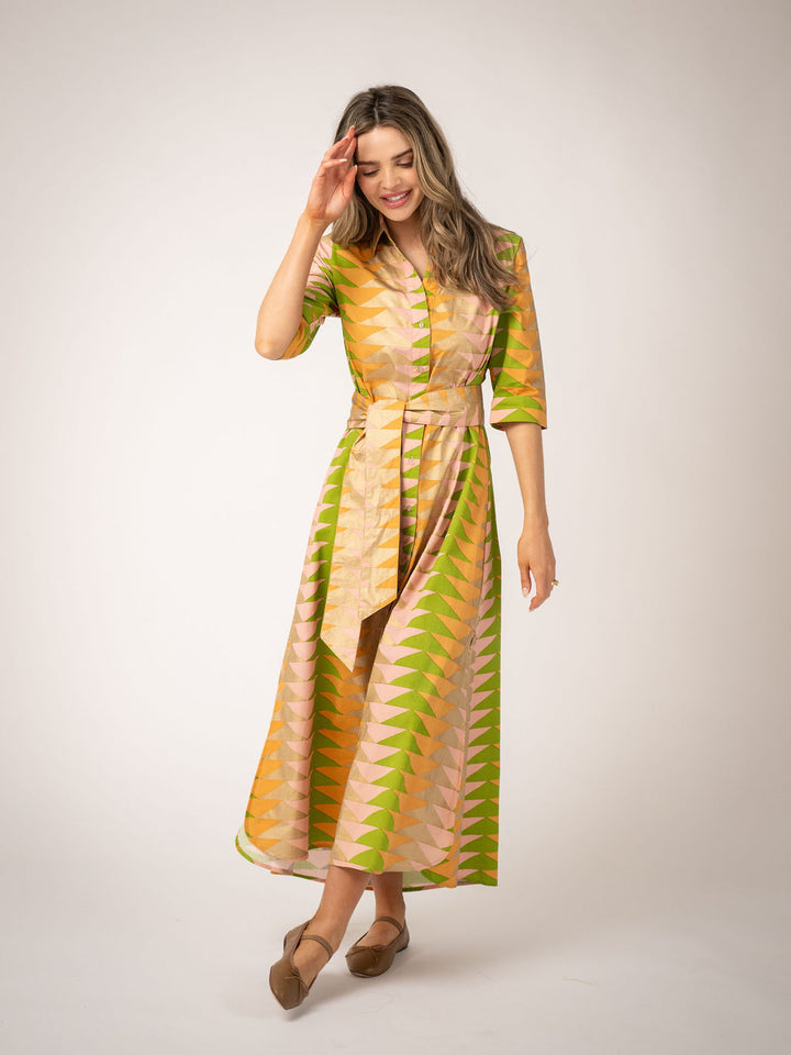 Beau and Ro Eloise Bagru Triangle Dress showcased on a model, featuring vibrant patterned fabric and a stylish, comfortable fit.