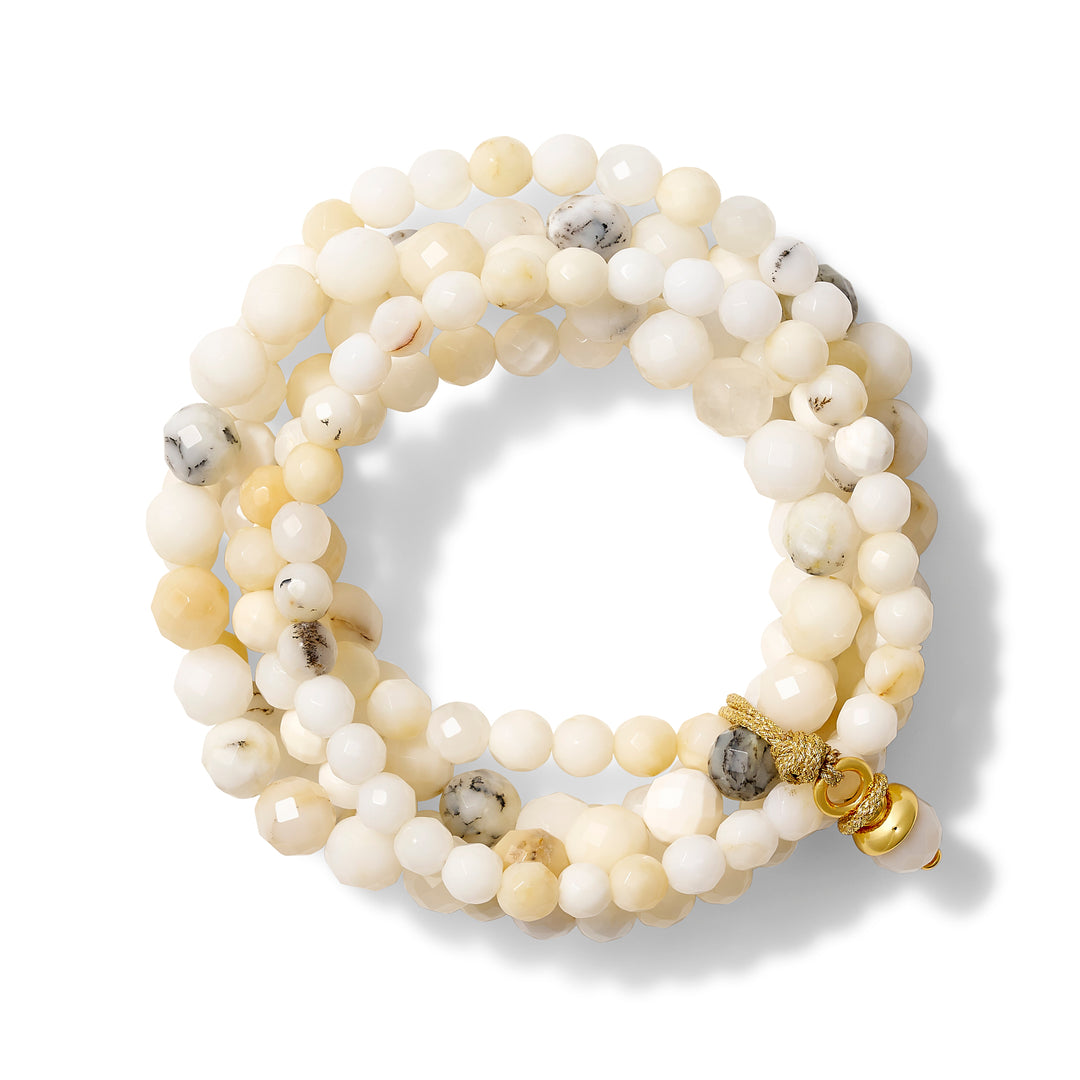White Facetted Opal Sally Bracelet Set by Catherine Canino, faceted white opal cluster with gold cord and button closure