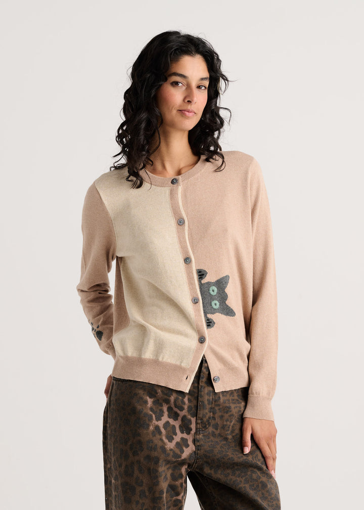 Zaket & Plover Peekaboo Cat Cardi Sweater in biscuit color, cozy knit tops with a playful cat design on the front.