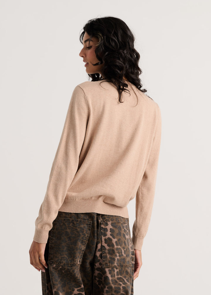 Zaket & Plover Peekaboo Cat Cardi Sweater in biscuit color, cozy knit top with cat design, perfect for stylish feline lovers.