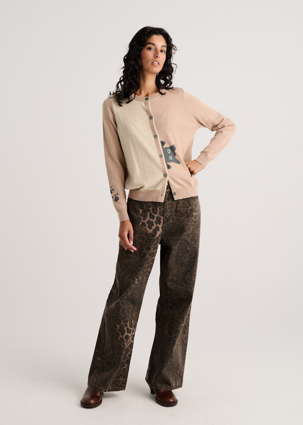 Zaket & Plover Peekaboo Cat Cardi Sweater in biscuit color, cozy knit tops with cat design, perfect for stylish feline lovers
