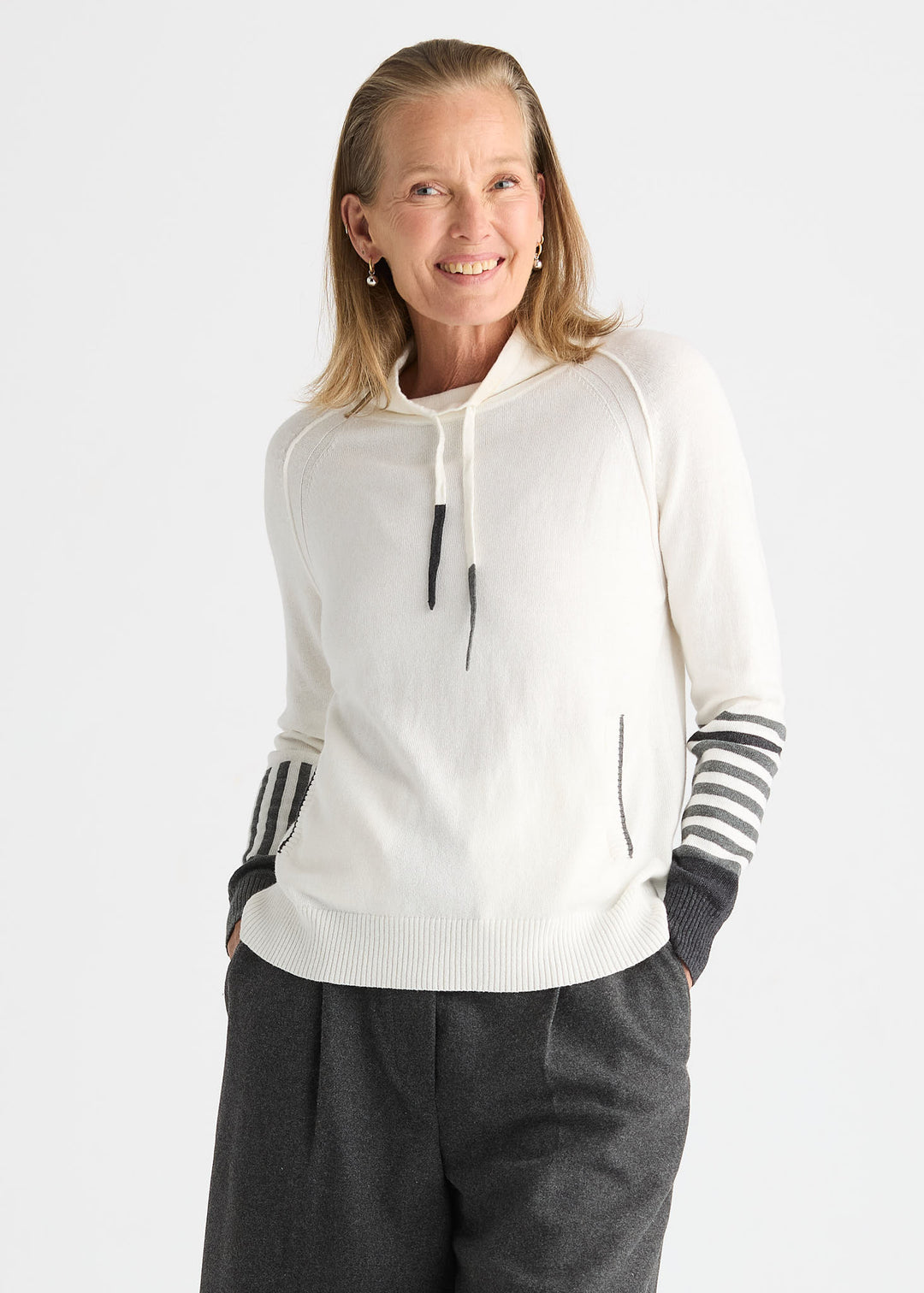 White stripe drawcord sweater by Zaket & Plover, featuring a cozy knit top with adjustable drawstrings and casual style.