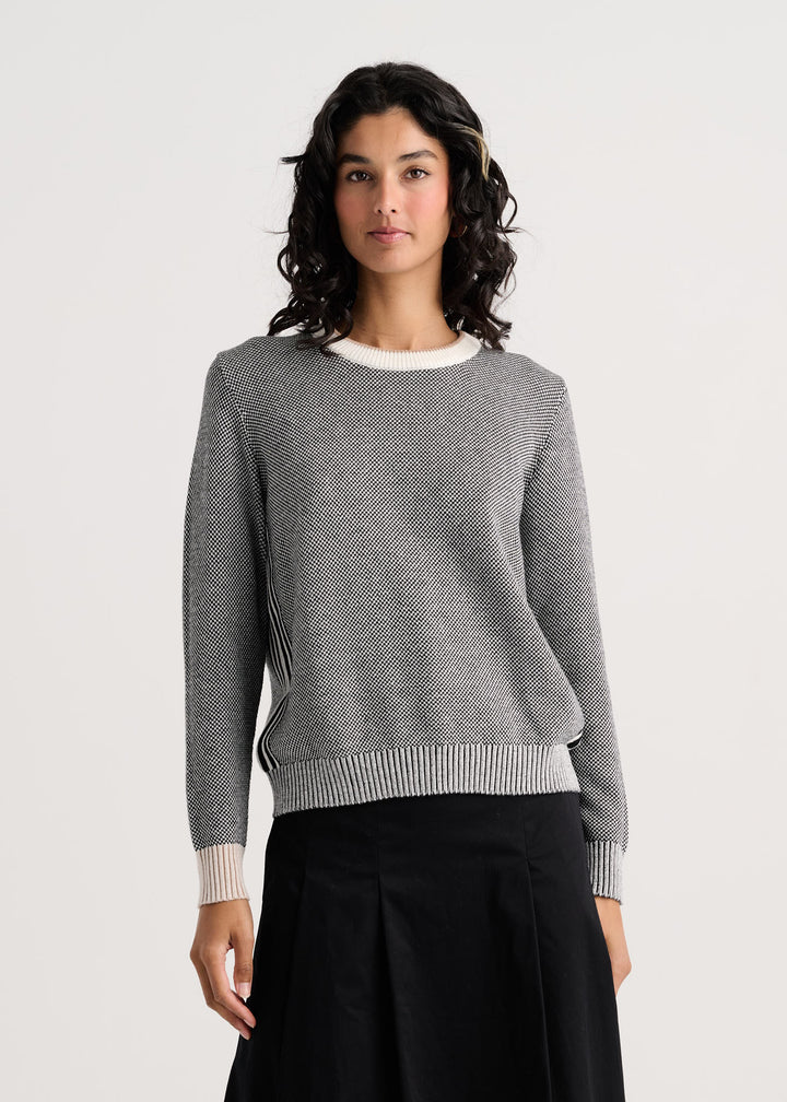 Zaket & Plover Birdseye Crew Sweater in snow white, soft knit top with textured pattern and round neckline.