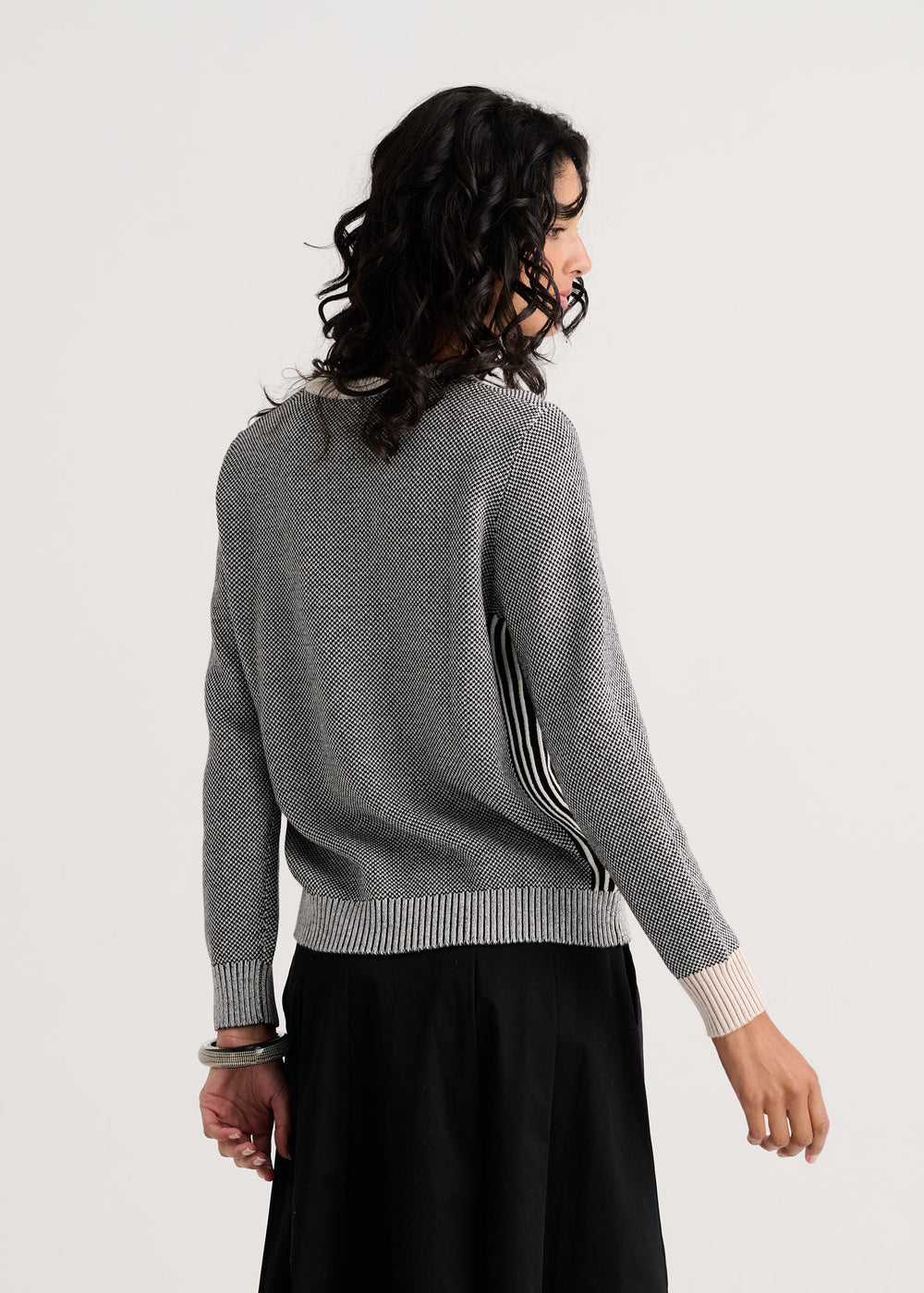 Zaket & Plover Birdseye Crew Sweater in snow white, cozy knit top with textured pattern, long sleeves, and ribbed cuffs.