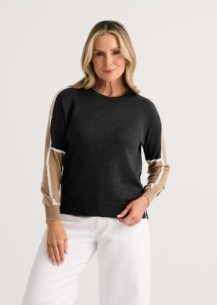 Zaket & Plover Block Play Charcoal sweater, cozy knit clothing with a relaxed fit and ribbed cuffs, on a plain background.
