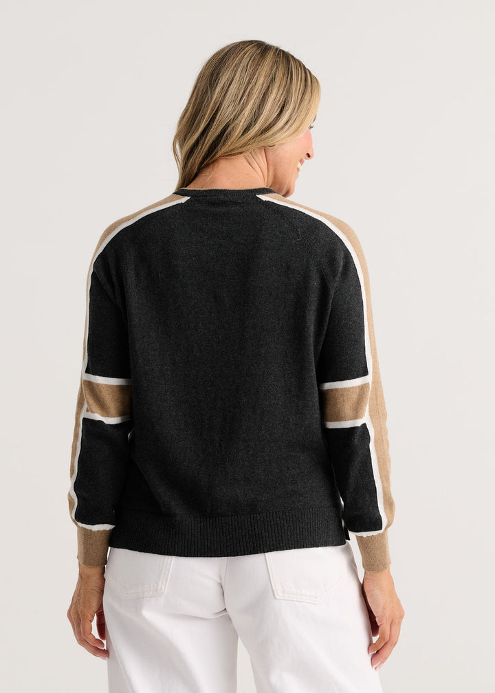 Zaket & Plover block play charcoal sweater, cozy clothing with a textured knit design, displayed on a neutral background.
