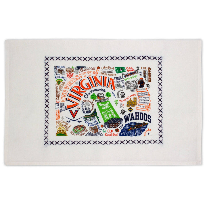 University of Virginia home towel by Catstudio featuring the university logo and vibrant orange and blue colors.