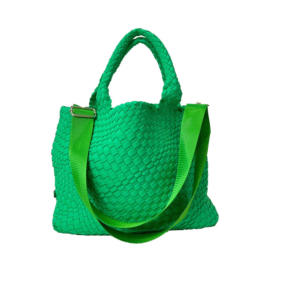 A small neon-colored tote bag from Ahdorned, featuring a compact design with vibrant neon accents for stylish accessories.