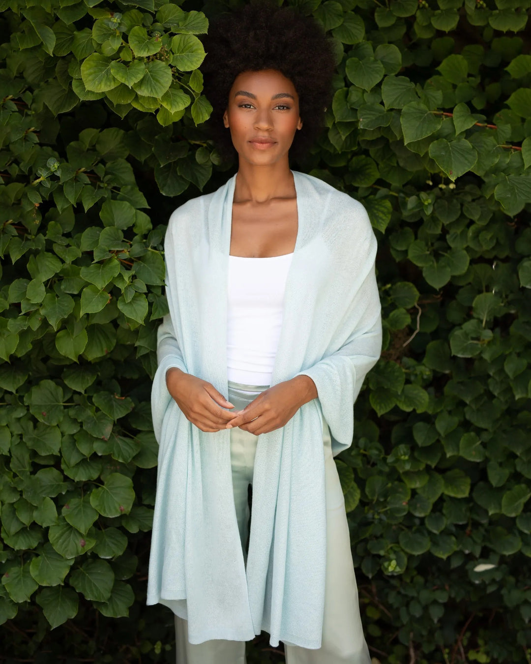 Elegant silk cashmere wrap by Alashan Cashmere, showcasing soft, luxurious fabric draped smoothly with subtle texture.