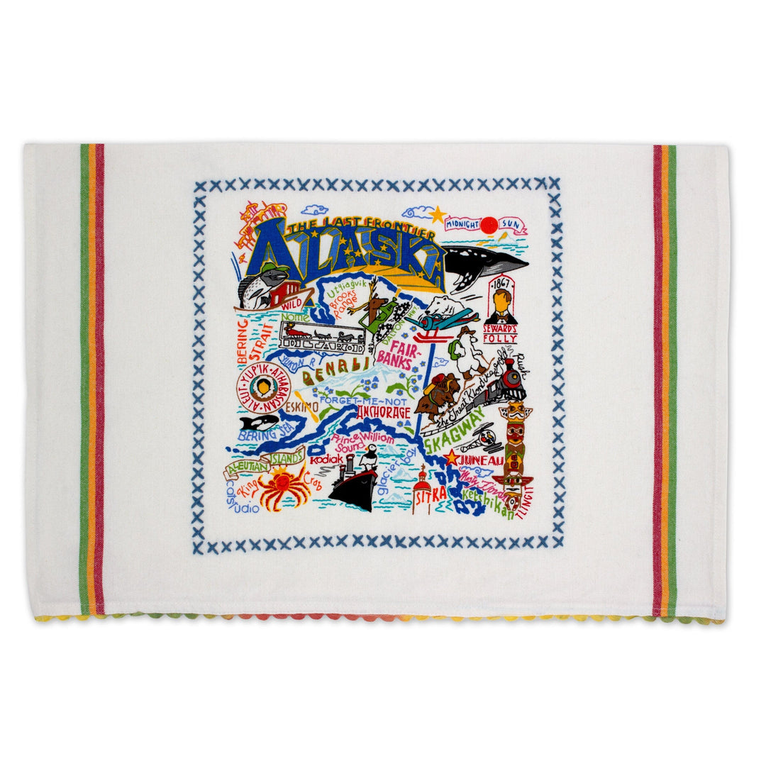 Alaska-themed Catstudio home geography dish towel featuring colorful map design and detailed illustrations.