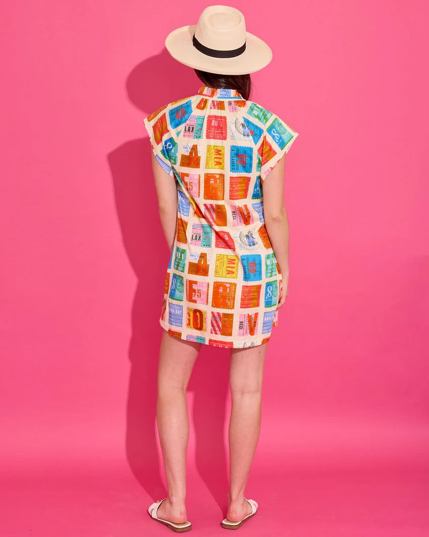 Alden Adair Margot Voyage Dress displayed hanging with a relaxed fit, featuring a floral print and flowing fabric.