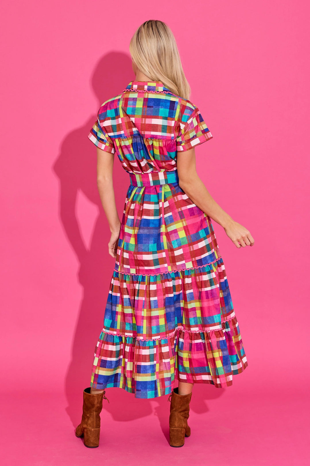 Alden Adair Rachel Circus Plaid Dress featuring a colorful, patterned dress with a fitted waist and flowing skirt.