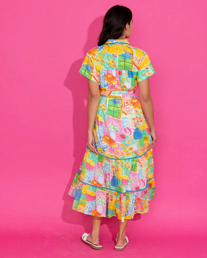 Alden Adair Rachel Van Gogh dress featuring a colorful, artistic print in a flowing dress style with a fitted waist and short sleeves.