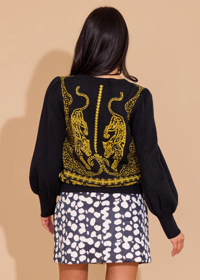 Alden Adair Lucie Panther sweater, stylish women's tops featuring a bold black panther print on soft fabric.
