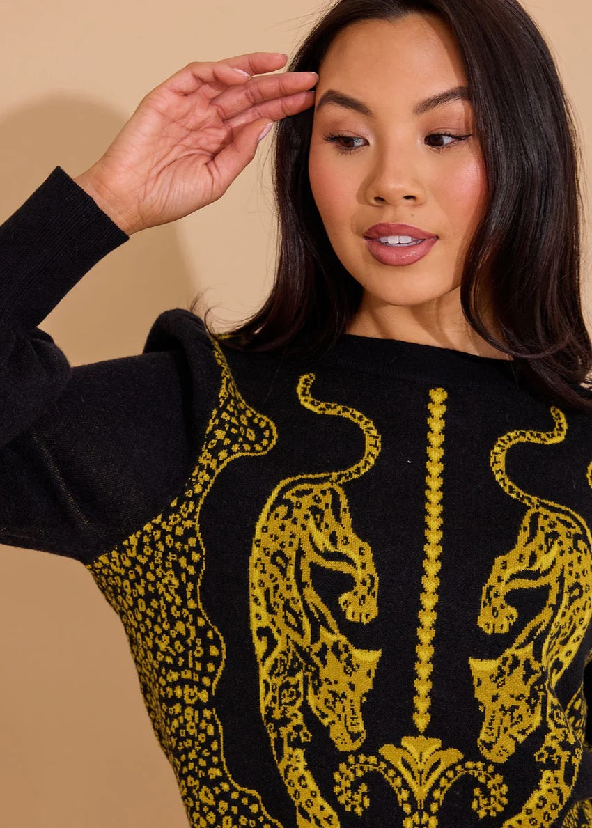 Alden Adair Lucie Panther sweater, a stylish knit tops piece featuring a bold panther design and comfortable fit.