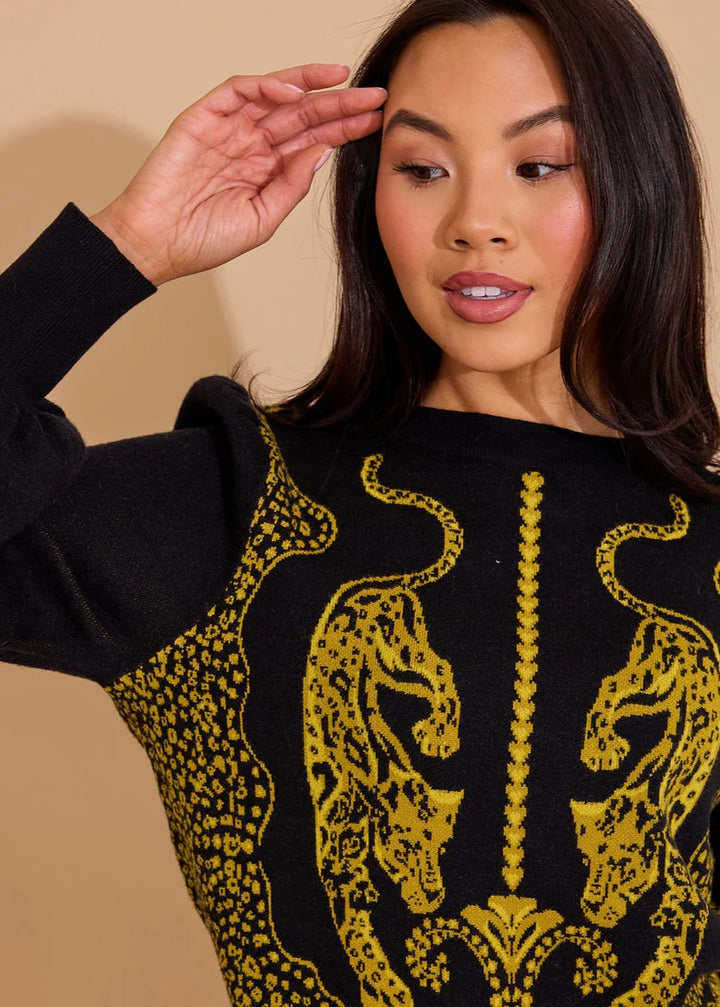 Alden Adair Lucie Panther sweater, a stylish knit tops piece featuring a bold panther design and comfortable fit.