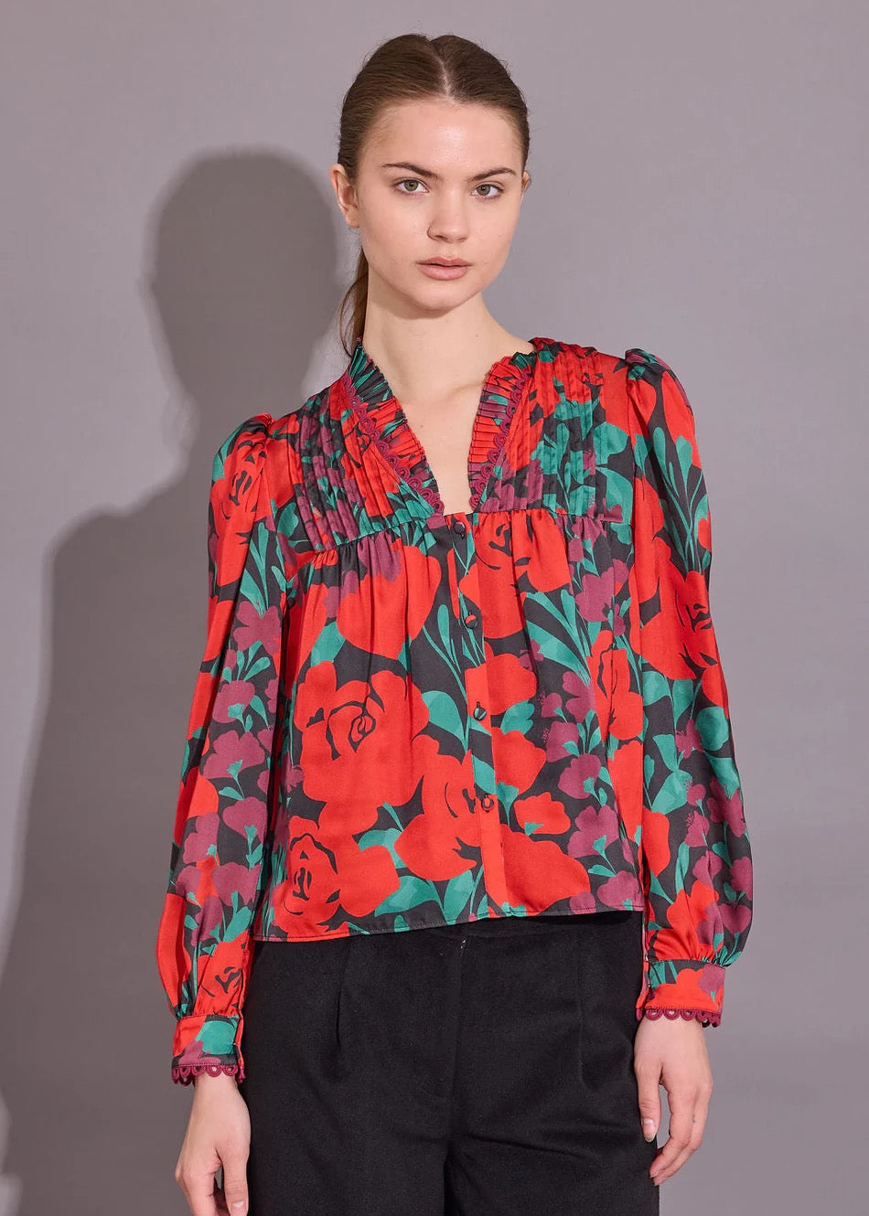 Alden Adair Oliver Legacy floral blouse, lightweight tops with a colorful floral pattern, displayed on a neutral background.