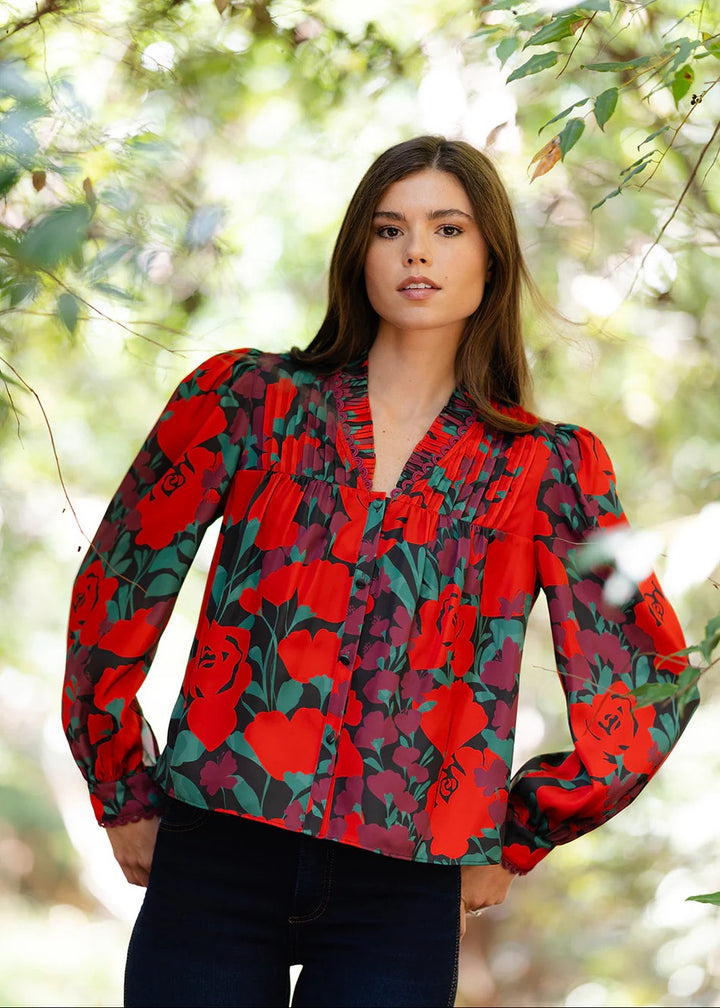 Alden Adair Oliver Legacy floral blouse, extra small size, with colorful floral print and lightweight fabric, worn as a stylish top.