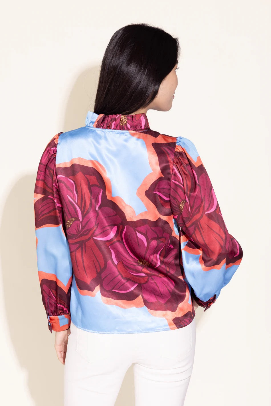 Alden Adair Phoebe Blossom Blouse showing a floral patterned tops with a relaxed fit and button front.