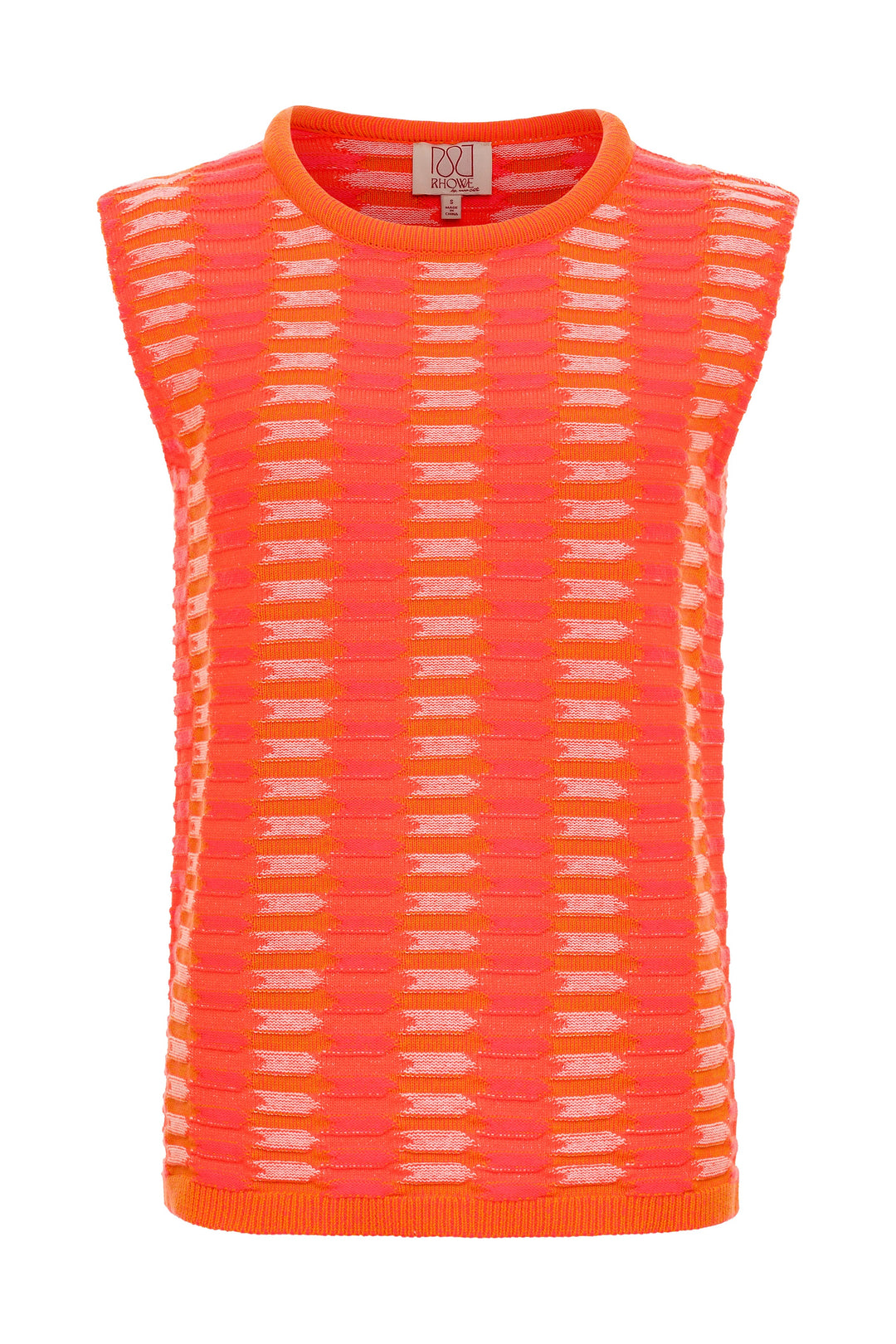 Anna Cate Camille orange top, stylish sleeveless blouse with a ruffled neckline, shown on a model.