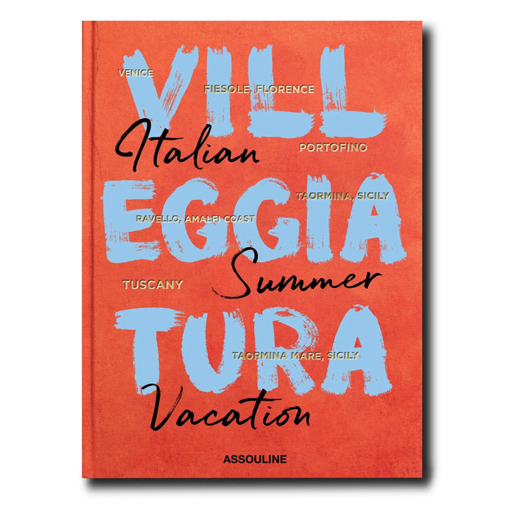Assouline Villeggiatura Italian Summer Vacation home book cover with scenic summer landscape and vintage travel imagery