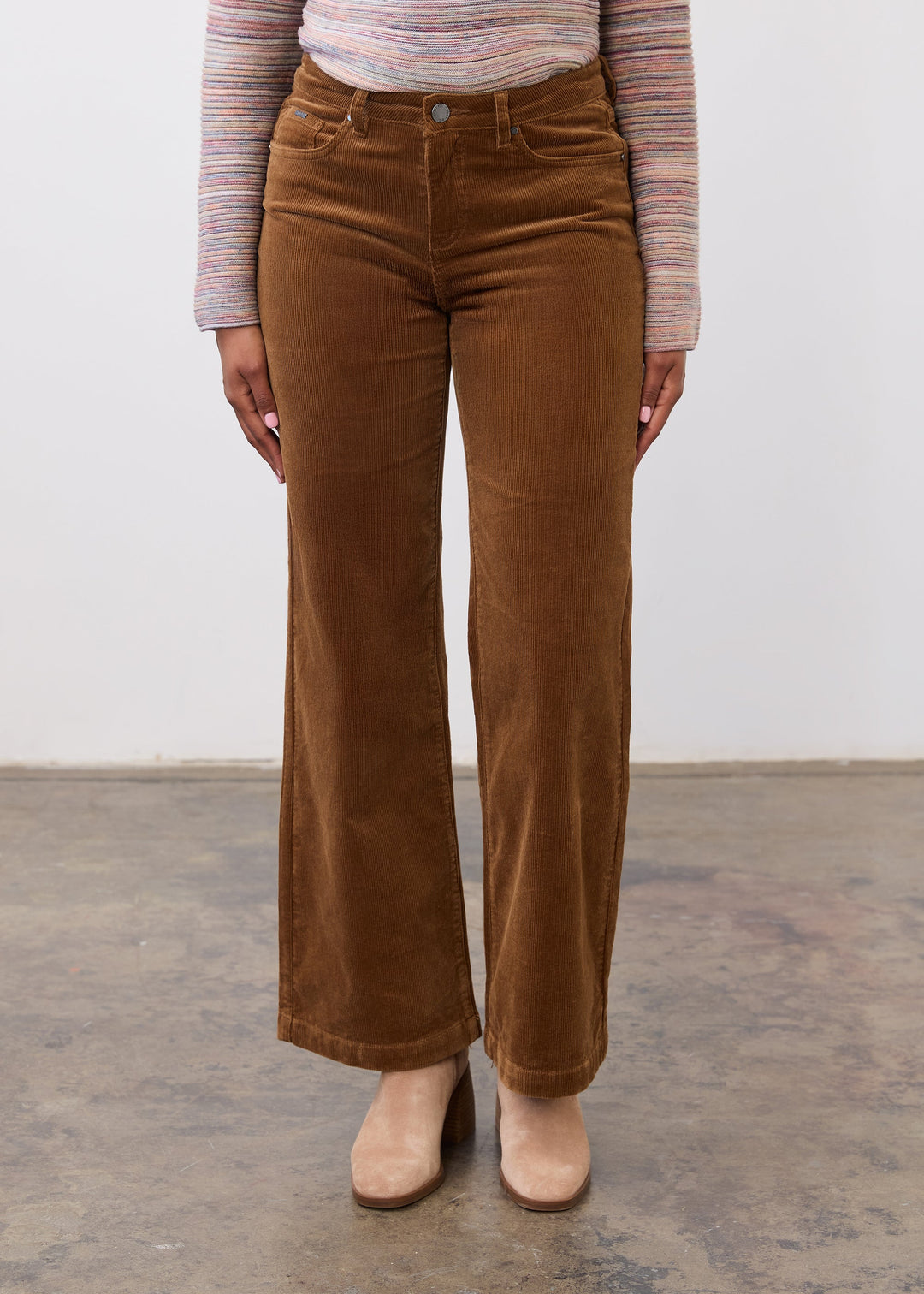 FDJ Olivia wide-leg corduroy pants in a neutral color, shown from the front, highlighting the relaxed fit and textured fabric.