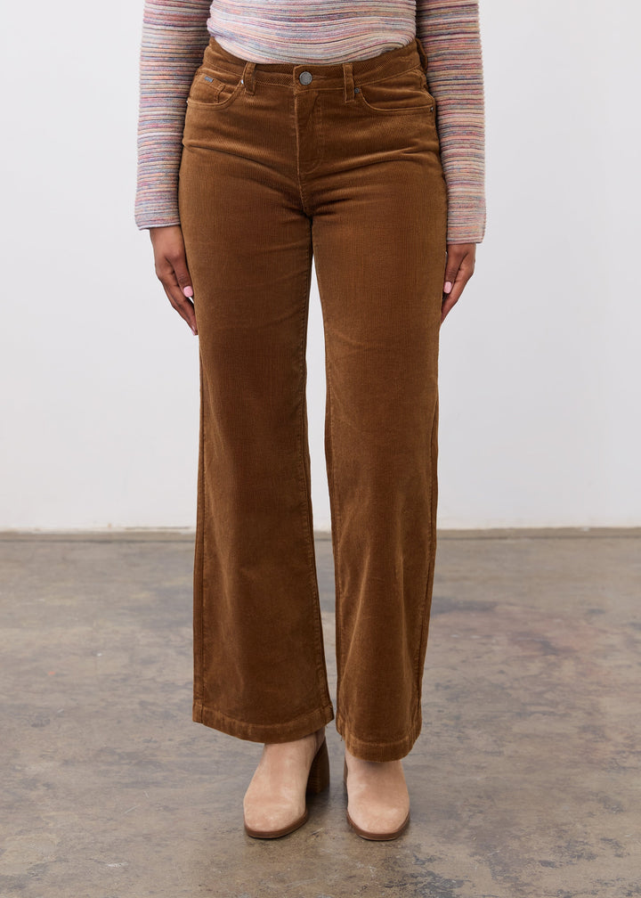 FDJ Olivia wide-leg corduroy pants in a neutral color, shown from the front, highlighting the relaxed fit and textured fabric.