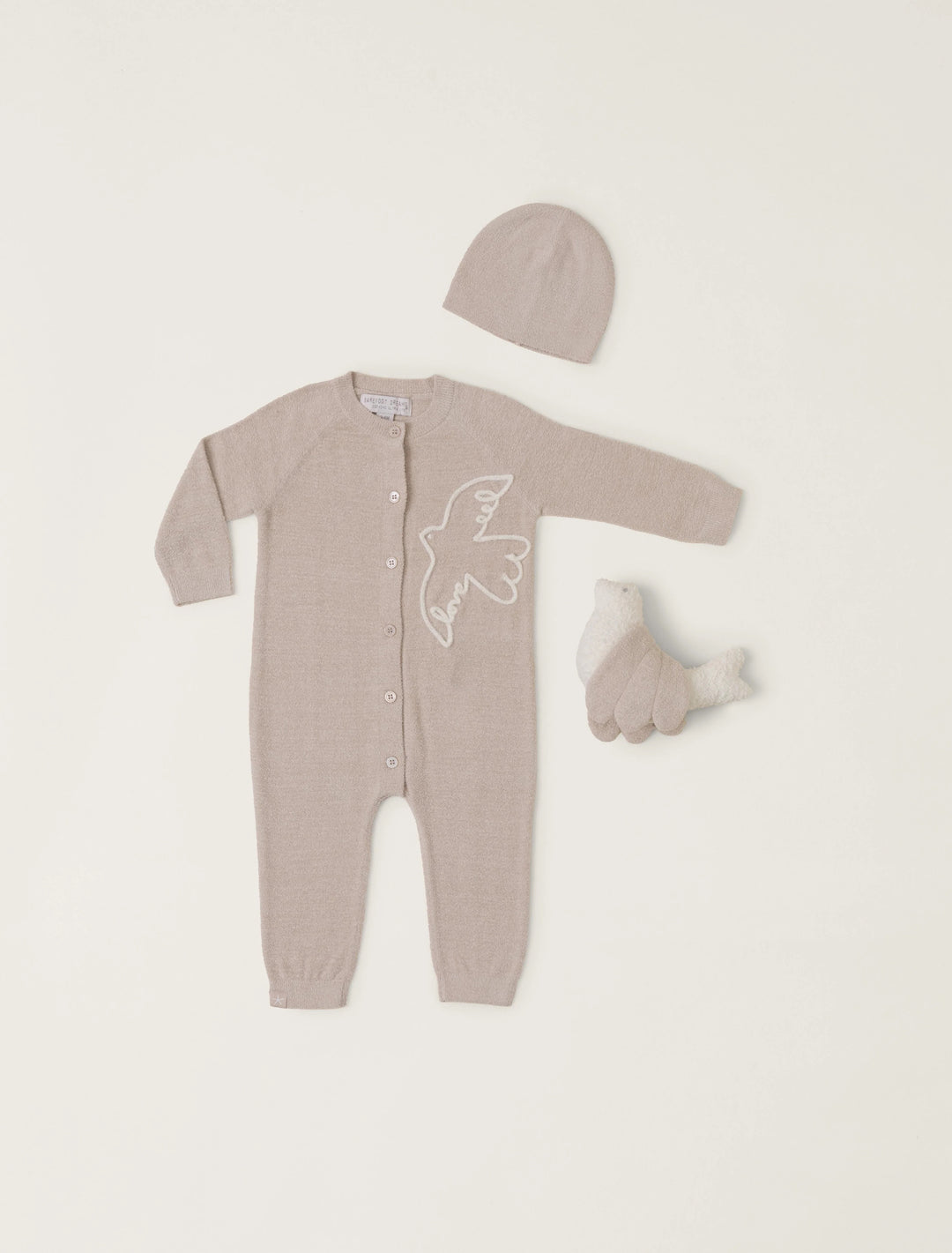Barefoot Dreams Covered In Prayer onesie, soft gift for babies, shown in a cozy, neutral-colored fabric with gentle embroidery detail.