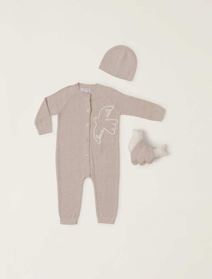 Barefoot Dreams Covered In Prayer onesie, soft gift for babies, shown in a cozy, neutral-colored fabric with gentle embroidery detail.