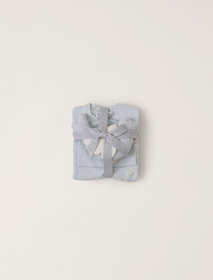 Barefoot Dreams Covered In Prayer onesie, soft gift for infants, with a cozy, patterned fabric design ideal for gifting occasions.