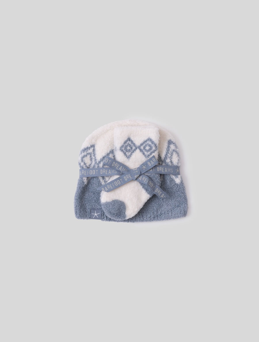 Barefoot Dreams Baby Faire Isle Beanie in soft, cozy knit for infants, shown on a baby mannequin head.