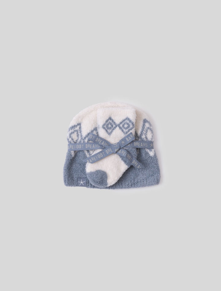 Barefoot Dreams Baby Faire Isle Beanie in soft, cozy knit for infants, shown on a baby mannequin head.
