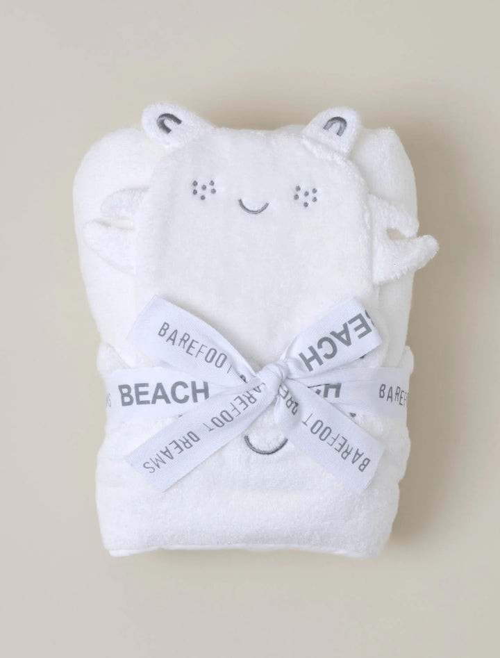 Barefoot Dreams hooded towel and washcloth set for babies, soft plush fabric with hooded towel featuring a cute design and matching washcloths.