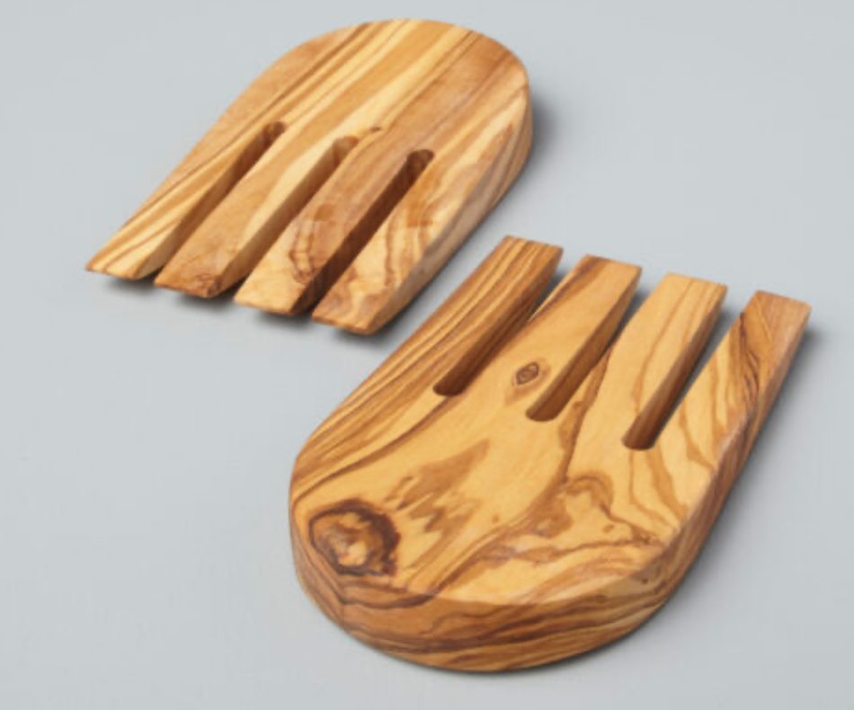 Olive wood salad hands from Be Home, natural kitchen utensils with smooth finish for serving salads.