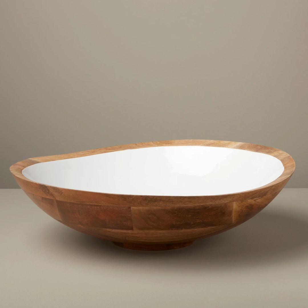 Large Be Home Sadram oversize bowl with mango wood exterior and white enamel interior, ideal for home serving or display.