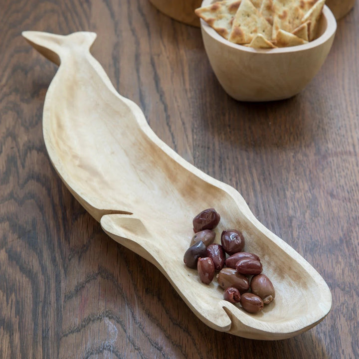 Whale-shaped mango wood dish for home décor, natural wood grain, decorative kitchen or table accessory by Be Home.