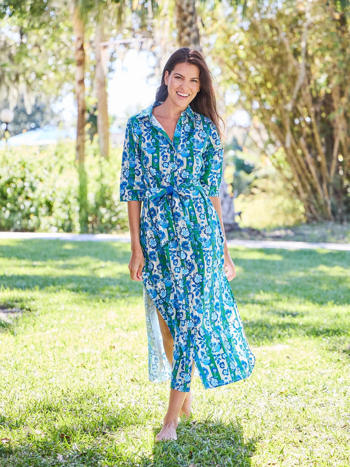 Beau & Ro Eloise Picnic Stripe Dress showing a sleeveless dress with colorful striped pattern and ruffled hem.