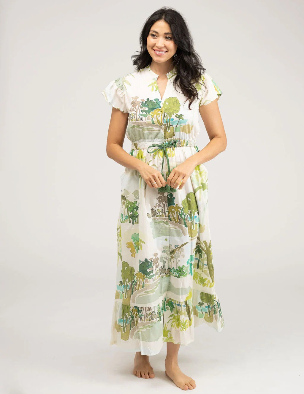 Beau & Ro Palm Flutter Midi Dress featuring a flowy fabric, tropical palm print, and midi length with flutter sleeves.