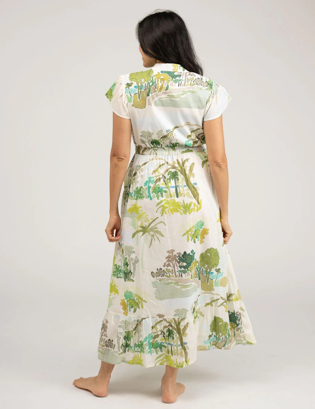Beau & Ro Palm Flutter Midi Dress featuring a flowy silhouette and tropical palm print, perfect for summer occasions.
