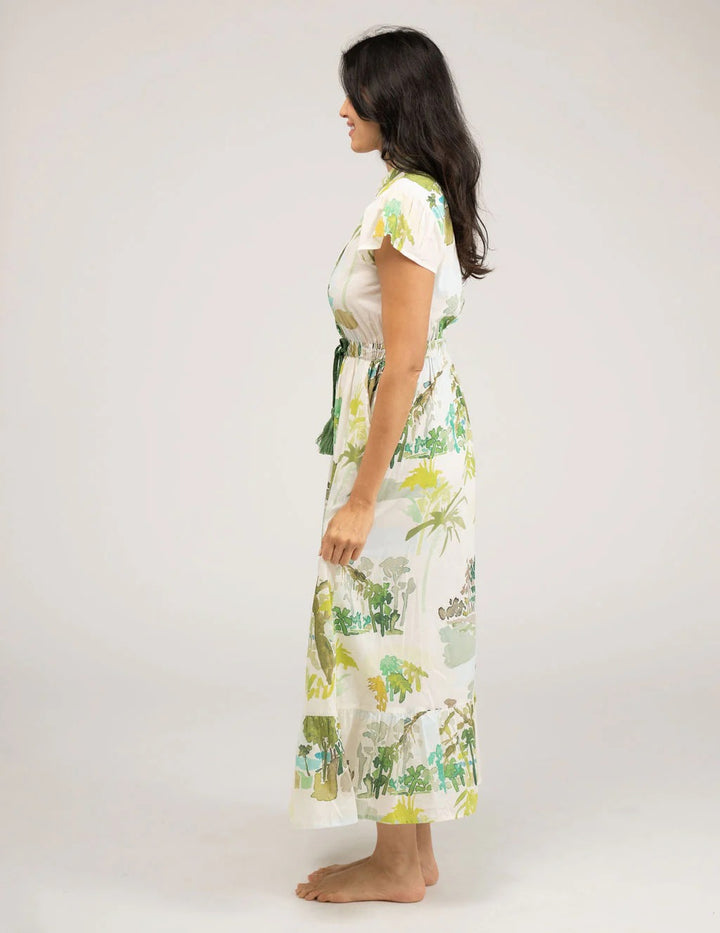 Beau & Ro Palm Flutter Midi Dress featuring a flowing fabric, palm print design, and a stylish midi length for summer wear.