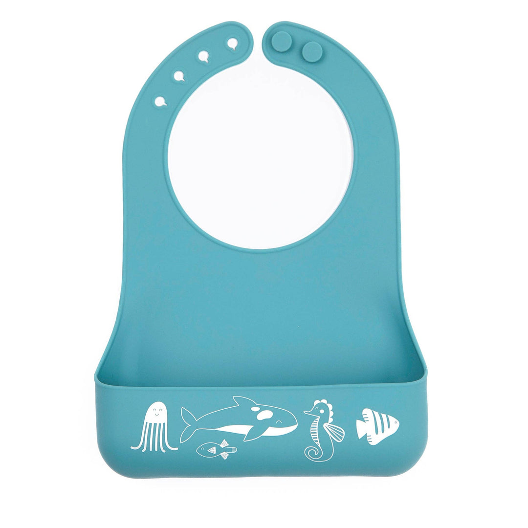 Baby wearing the Bella Tunno Ocean Friends Starter Bib with colorful ocean-themed designs and soft fabric.