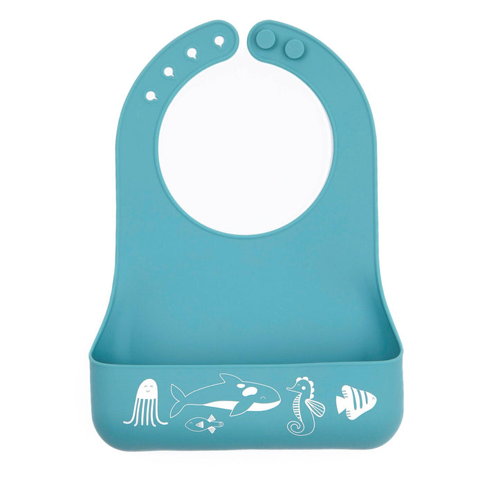 Baby wearing the Bella Tunno Ocean Friends Starter Bib with colorful ocean-themed designs and soft fabric.