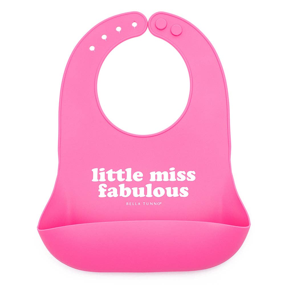 Baby wearing Little Miss Fabulous Wonder Bib by Bella Tunno, colorful and soft bib with fun printed design for feeding time.
