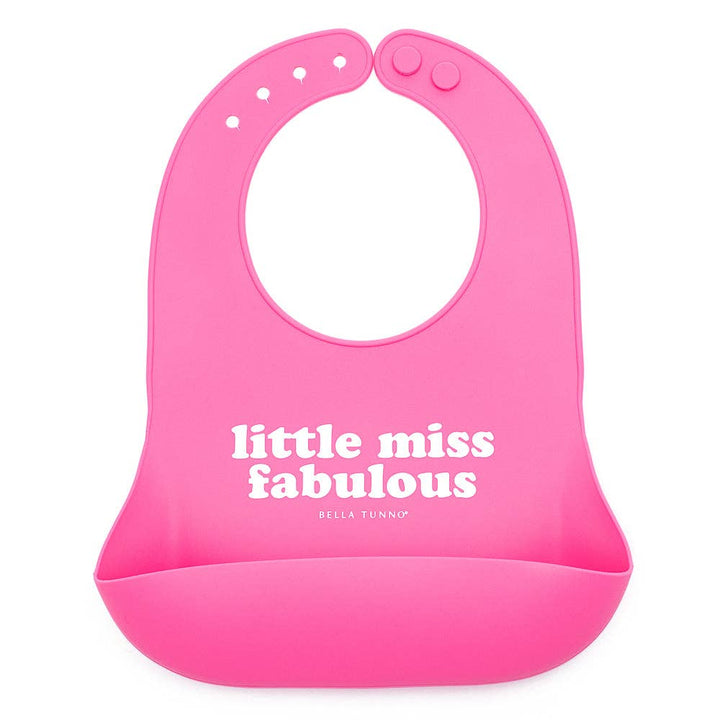 Baby wearing Little Miss Fabulous Wonder Bib by Bella Tunno, colorful and soft bib with fun printed design for feeding time.