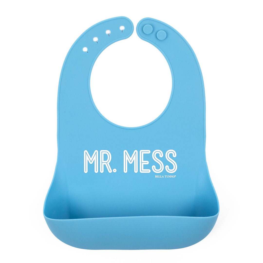 Bella Tunno Mr Mess Wonder Bib for babies, soft and waterproof with adjustable straps, designed to keep clothes clean during feeding.