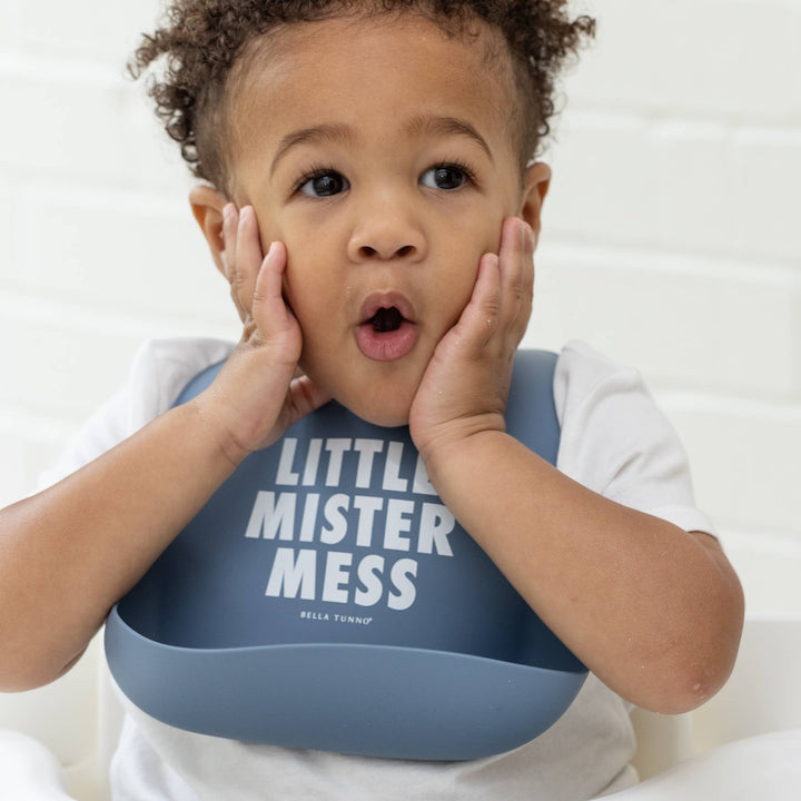 Little Mister Mess Wonder Bib by Bella Tunno, soft waterproof fabric with fun design, perfect for messy eaters.