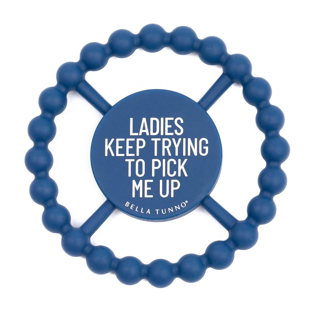 Bella Tunno Ladies Pick Me Up Happy Teether for babies, featuring bright colors and soft, textured silicone for soothing gums.