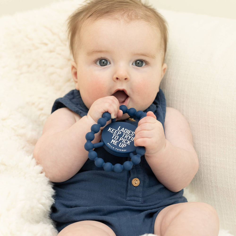 Bella Tunno Ladies Pick Me Up Happy Teether for babies, featuring colorful, textured silicone design for soothing teething relief.